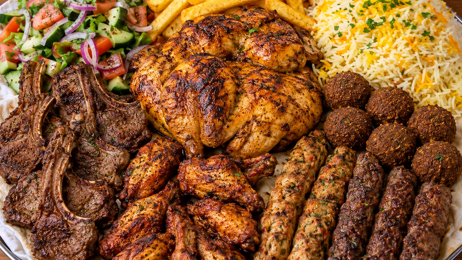 Mixed grill platter with assorted meats, falafel, chips and salad